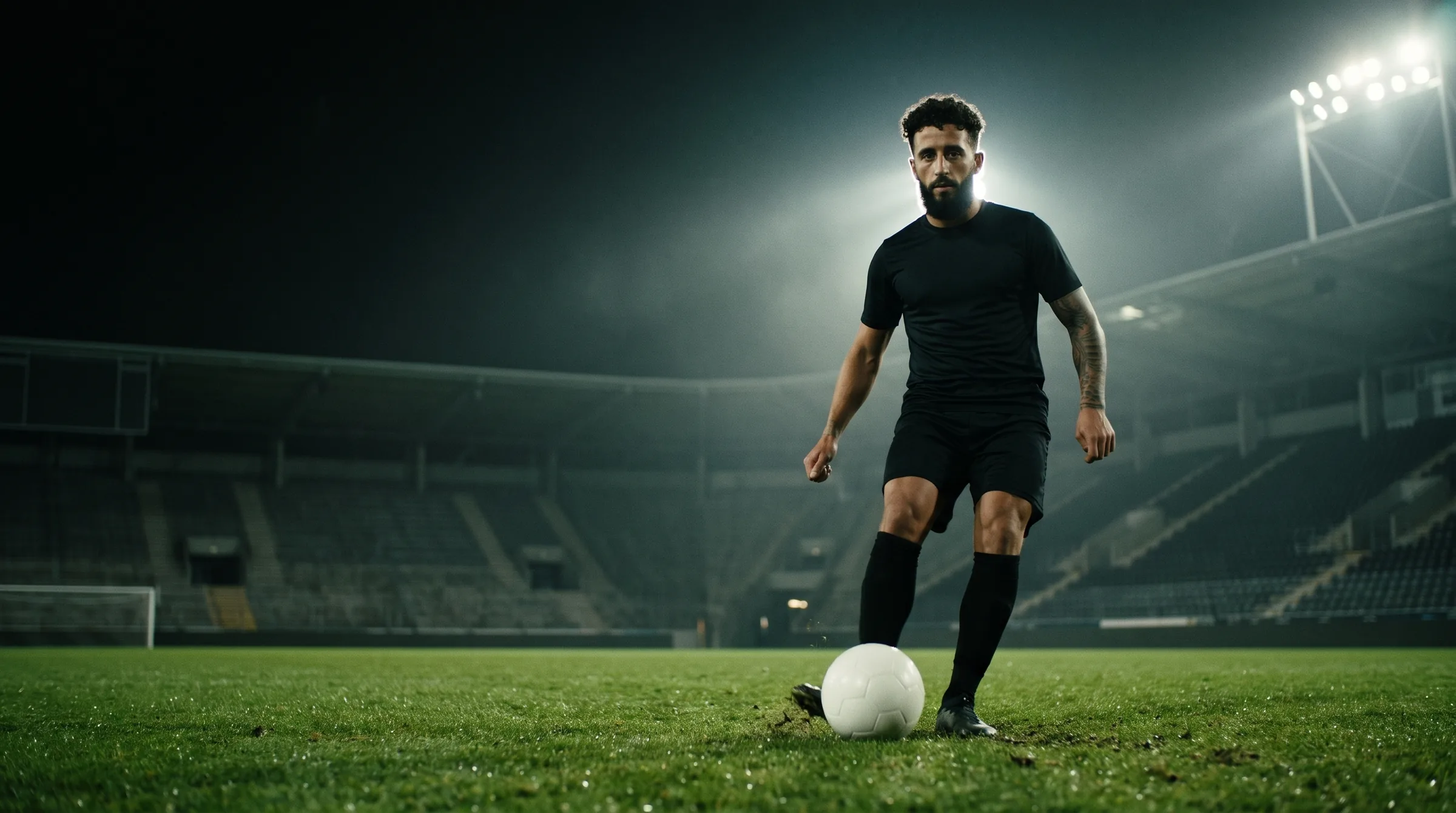 KI-generiertes Bild: Florijon Belegu im schwarzen Trikot im Flutlicht, der Ball liegt vor seinem Fuß
